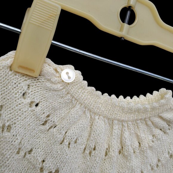 Vintage Hand Knit Baby Dress & Booties Set Off White Crochet Edges Pom Poms - Picture 9 of 10